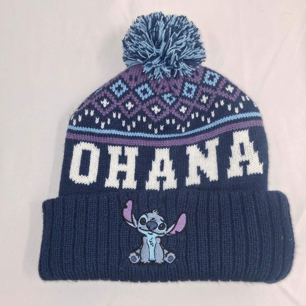 Disney Stitch‎ Ohana Beanie Hat Pom Pom Knit Blue Purple